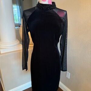 J.R. Nites Black Velvet Beaded Neck with Sheer Sleeves, Size 10P